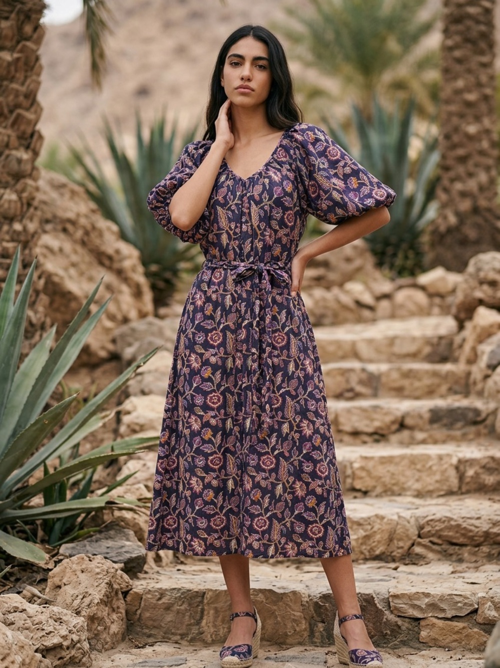 Elizabeth and James Purple Floral Midi Dress with Puff Sleeves